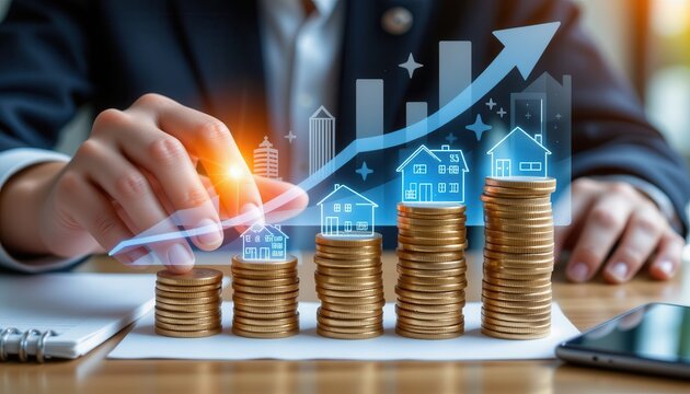 Growth in Real Estate Investment with Stacked Coins and Graph Illustrating Market Trends and Success - Powered by Adobe