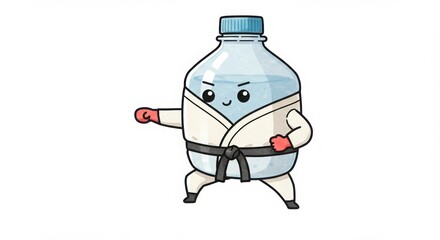 a cute round plastic bottle character wears karate uniform in pose in watercolor illustration