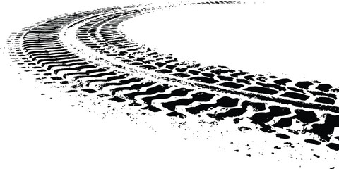 Black tire tracks isolated on white background. Black tire tracks on white, grunge texture, dirt splashes, vector background,
