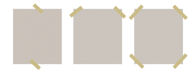 Three blank rectangular paper notes with rounded corners attached with light brown tape to a transparent background isolated on transparent background