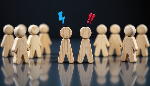 Wooden figures expressing conflict and tension with symbolic icons illustrating disagreement and argument concepts - Powered by Adobe
