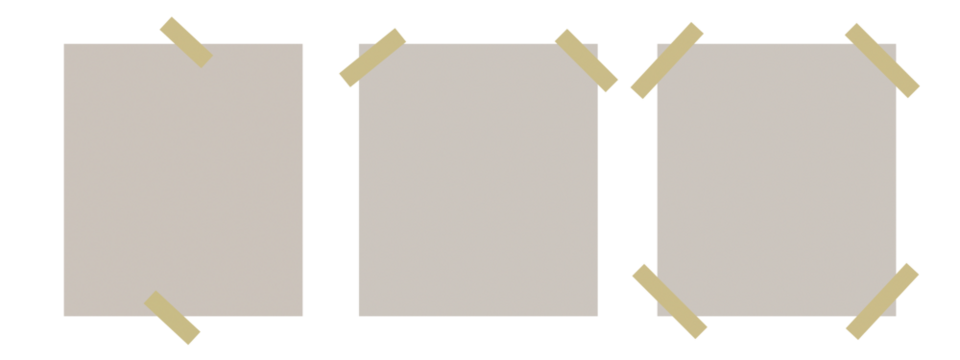Three blank rectangular paper notes with rounded corners attached with light brown tape to a transparent background isolated on transparent background