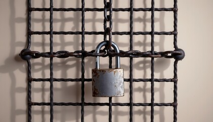 Rusty padlock secured on metal cage background symbolizing confinement and restrictions in a minimalistic style