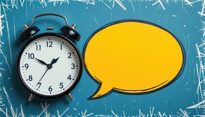 Vintage Alarm Clock Next to a Blank Speech Bubble on Textured Blue Background for Creative Message Design