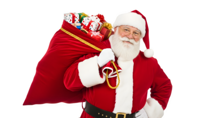 Smiling santa claus carrying a large red sack full of presents isolated on transparent background