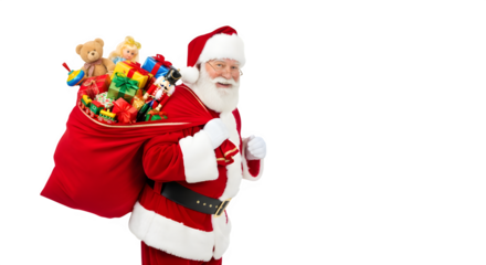 Smiling santa claus carrying a large red sack full of colorful toys and gifts isolated on transparent background
