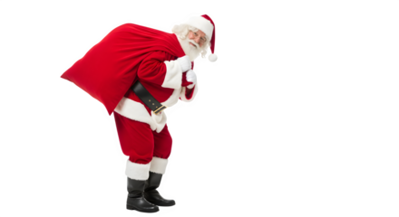 Santa claus wearing a red suit carrying a large red sack of gifts isolated on transparent background