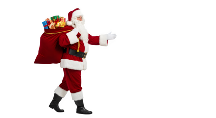 Santa claus character wearing a red suit and hat carrying a sack of gifts isolated on transparent background
