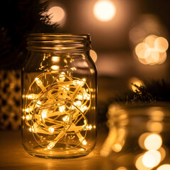 Glass jar filled with warm fairy lights glowing in the dark  