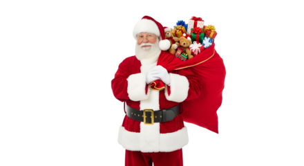 Cheerful santa claus holding a sack full of gifts isolated on transparent background