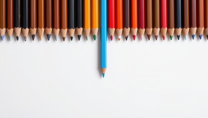 Colorful Collection of Pencils with a Single Blue Pencil Standing Out on a White Background