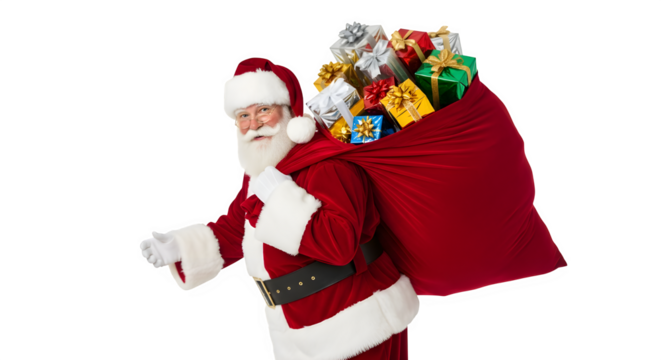Happy santa claus carrying a large sack full of colorful christmas presents isolated on transparent background