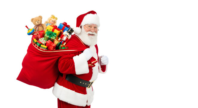Smiling santa claus carrying a large red sack full of colorful toys and gifts isolated on transparent background