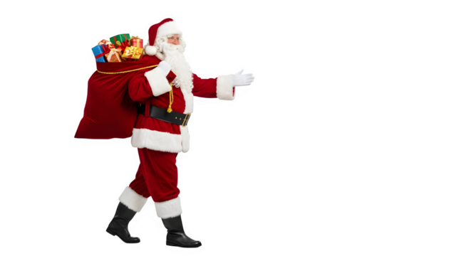 Santa claus character wearing a red suit and hat carrying a sack of gifts isolated on transparent background - Powered by Adobe