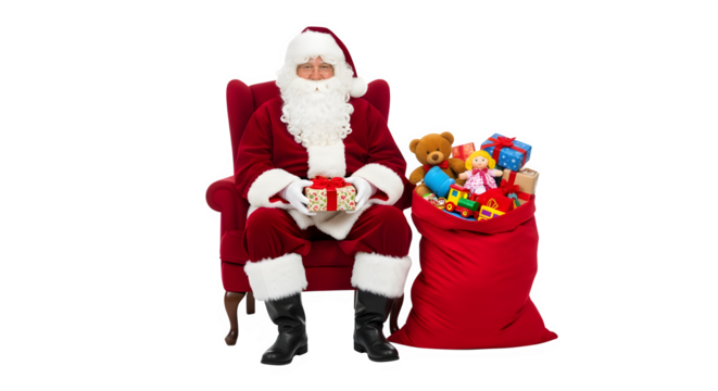 Jolly santa claus sitting in a red armchair holding a gift isolated on transparent background
