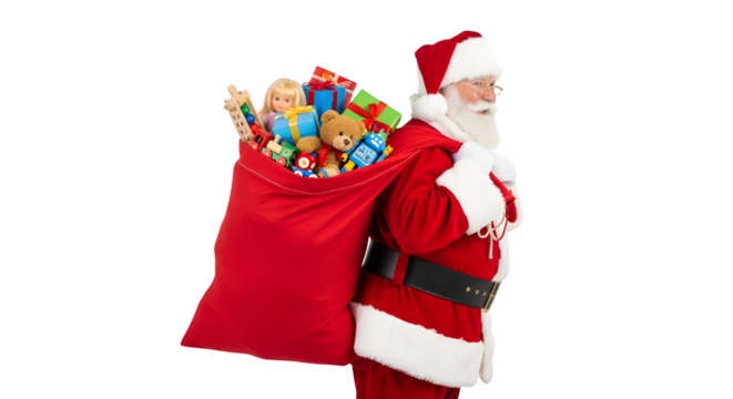 Santa claus with a large red sack full of colorful gifts isolated on transparent background