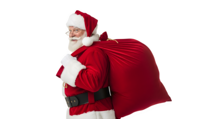 Smiling santa claus wearing a red suit carrying a large red sack of gifts isolated on transparent background