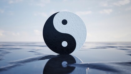 Textured Yin Yang Symbol Reflecting on Calm Water, Concept of Balance and Harmony