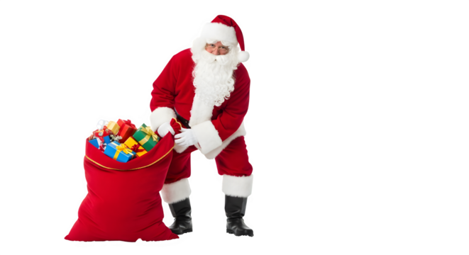 Santa claus wearing his traditional red suit and hat holding a large sack full of colorful gifts isolated on transparent background