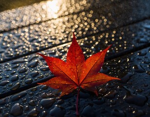 Autumn Red Maple Leaf with Water Droplets on a Dark Wet Wooden Plank