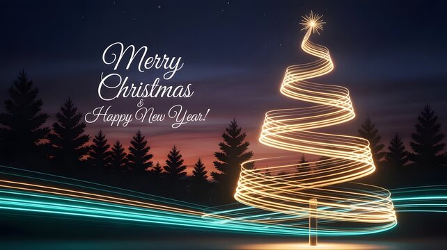Festive christmas tree made of lights with text merry christmas happy new year - Powered by Adobe