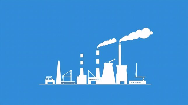 industrial factory illustration in blue tone, minimal vector design representing production, technology, and clean energy industry background