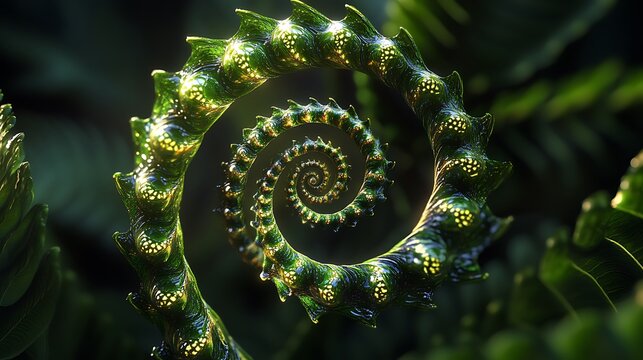 Close up macro shot of a vibrant green fern frond unfurling in a perfect fibonacci spiral pattern