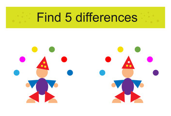 Find 5 differences. Logic puzzle game for children. Cartoon juggler.