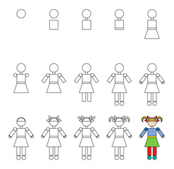 How to draw step by step? Worksheet easy guide to drawing cartoon doll.