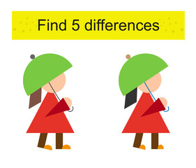 Find 5 differences. Preschool worksheet activity. Cartoon girl.