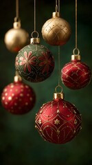 Festive Christmas Ornaments Hanging on Dark Background