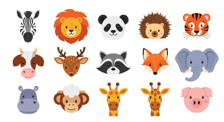 A collection of cute pixelated animal faces including a zebra lion panda hedgehog tiger cow deer raccoon fox elephant hippopotamus monkey giraffe and pig.