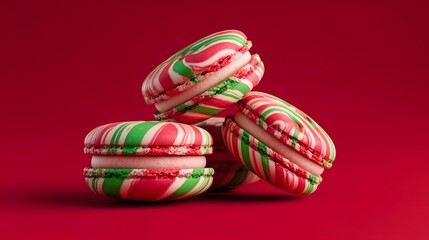 Festive Macarons with Red and Green Swirls on Red Background