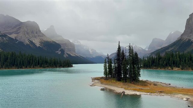 Spirit Island in autumn on Maligne Lake, Jasper National Park, Alberta, Canada