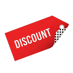 Red discount tag with white lettering and a perforated edge isolated on transparent background