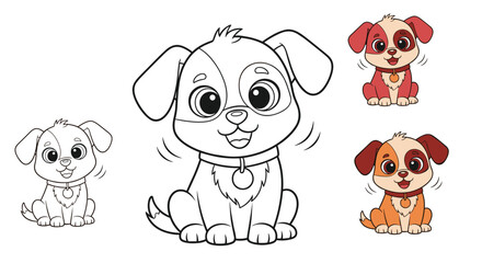 A cute cartoon puppy coloring page with small colored puppy illustrations nearby.