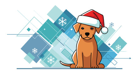 A cute puppy wearing a Santa hat and sitting in front of a festive winter background with snowflakes and geometric shapes.