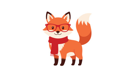 An adorable cartoon fox wearing glasses and a scarf stands playfully.