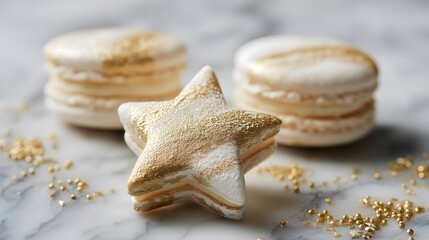 Star shaped macaron with gold dust on marble surface