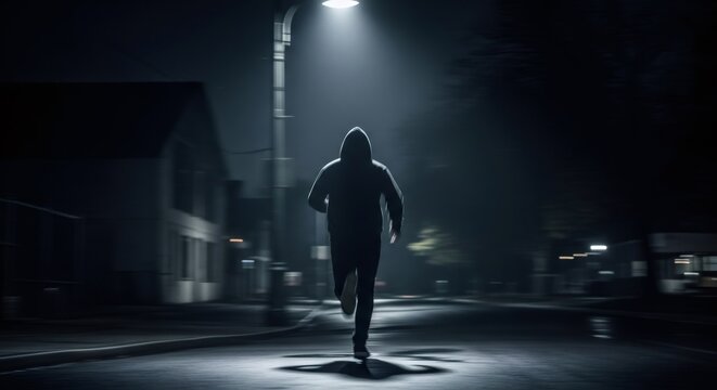 A man in a hoodie running away at night on a dark street under a street light, crime or escape concept, or suspense thriller.