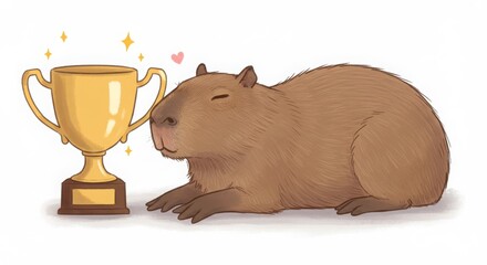 a cute cartoon capybara lying beside trophy with relaxed smile in cozy soft tone style illustration