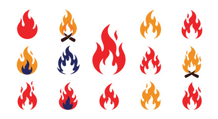 A collection of stylized fire icons in various colors and forms representing heat energy and warmth.