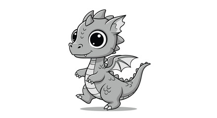 A small cute baby dragon with big eyes walking to the right with small wings spread.