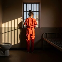 Woman prisoner in orange jumpsuit contemplating freedom, looking out from a cell window with bars in a dark prison. Captivity and criminal justice concept.