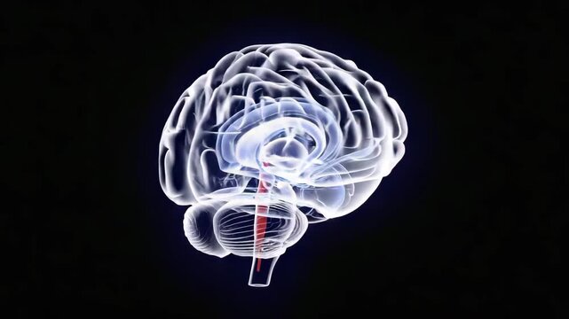 Anatomical view of a transparent human brain with visible internal structures on a black background