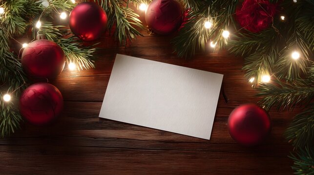 Warm, festive Christmas Eve scene with evergreen branches, red baubles, and fairy lights on a wooden - Powered by Adobe