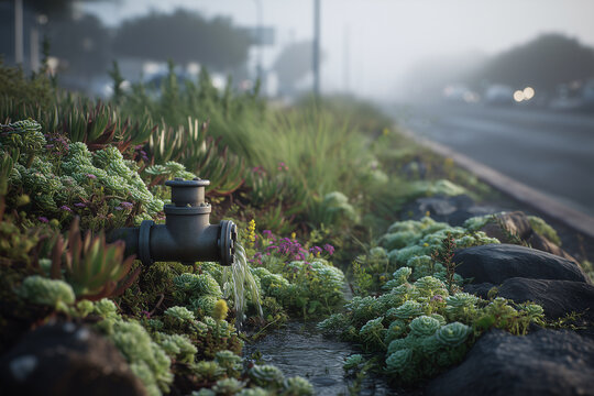 Coastal Green Street With Tidal Backflow Valve And Pollinator Plantings, Dawn Marine Layer, Subtle Mist Over Outfall