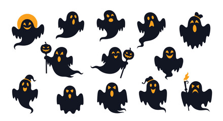 A collection of cute and spooky ghost illustrations perfect for Halloween decorations and designs.
