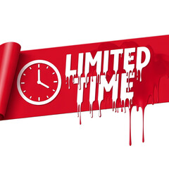 Red banner with dripping white text that says limited time and a clock face isolated on transparent background