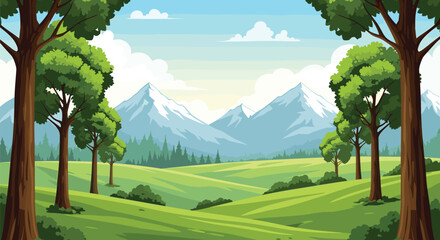 Pixel art landscape featuring rolling green hills and distant snow-capped mountains under a clear blue sky.